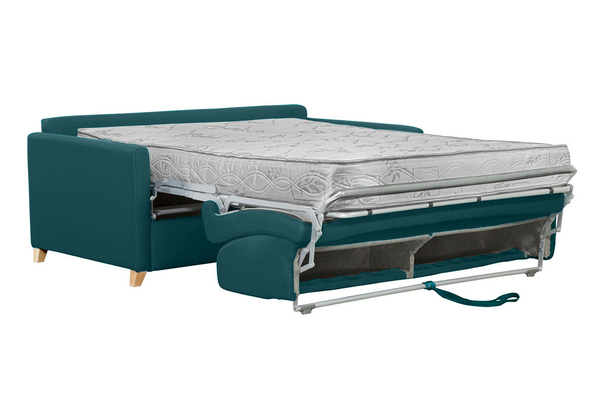 Sof cama 3 plazas nrdico azul petrleo y madera clara con colchn de 18 cm SKANDY