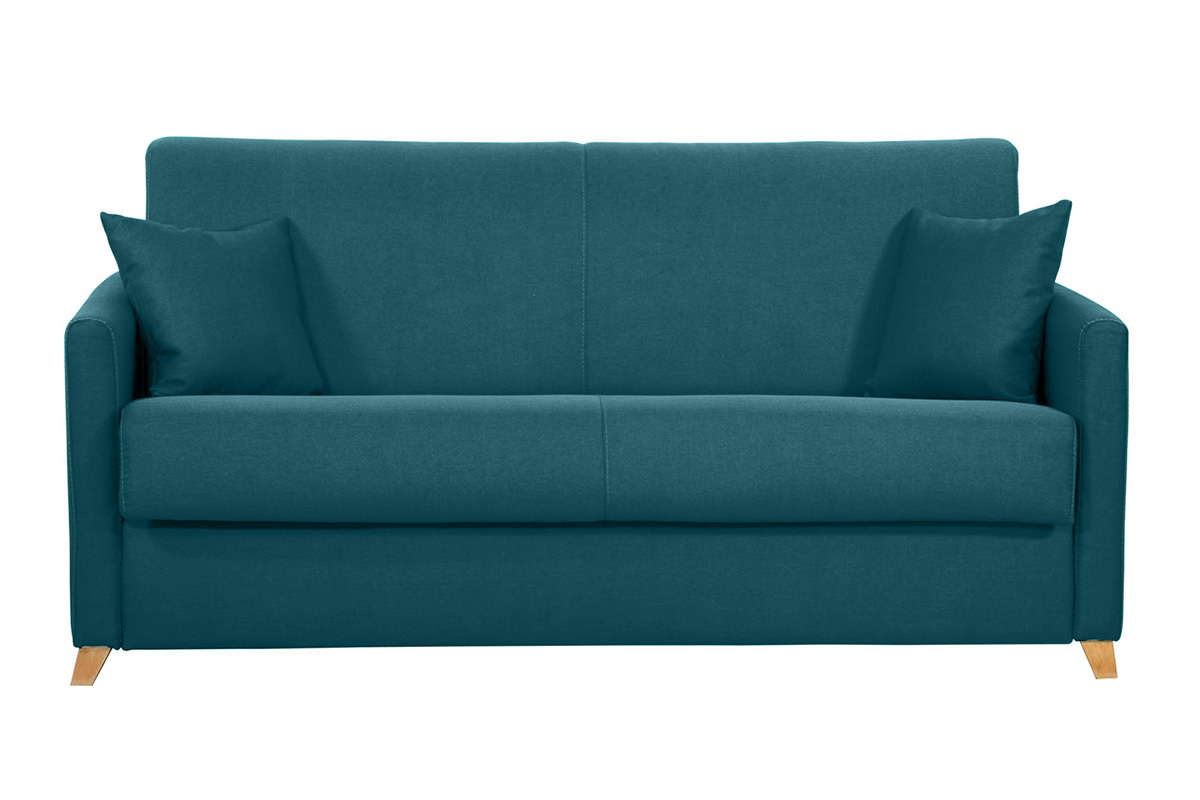 Sof cama 3 plazas nrdico azul petrleo y madera clara con colchn de 18 cm SKANDY
