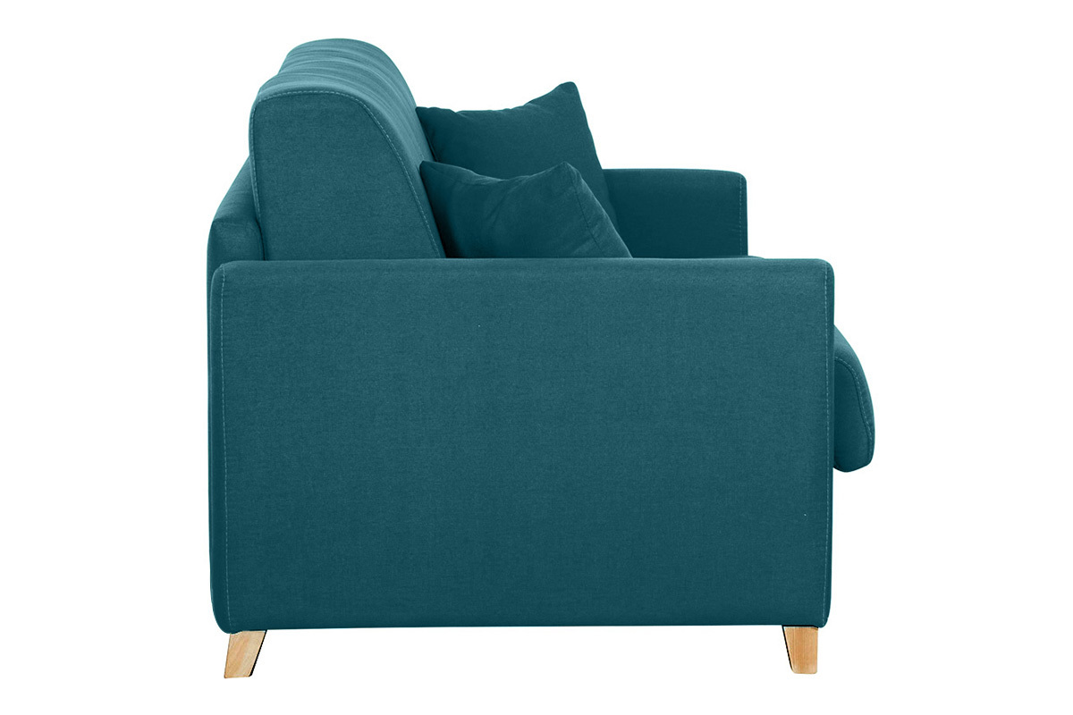 Sof cama 3 plazas nrdico azul petrleo y madera clara con colchn de 18 cm SKANDY