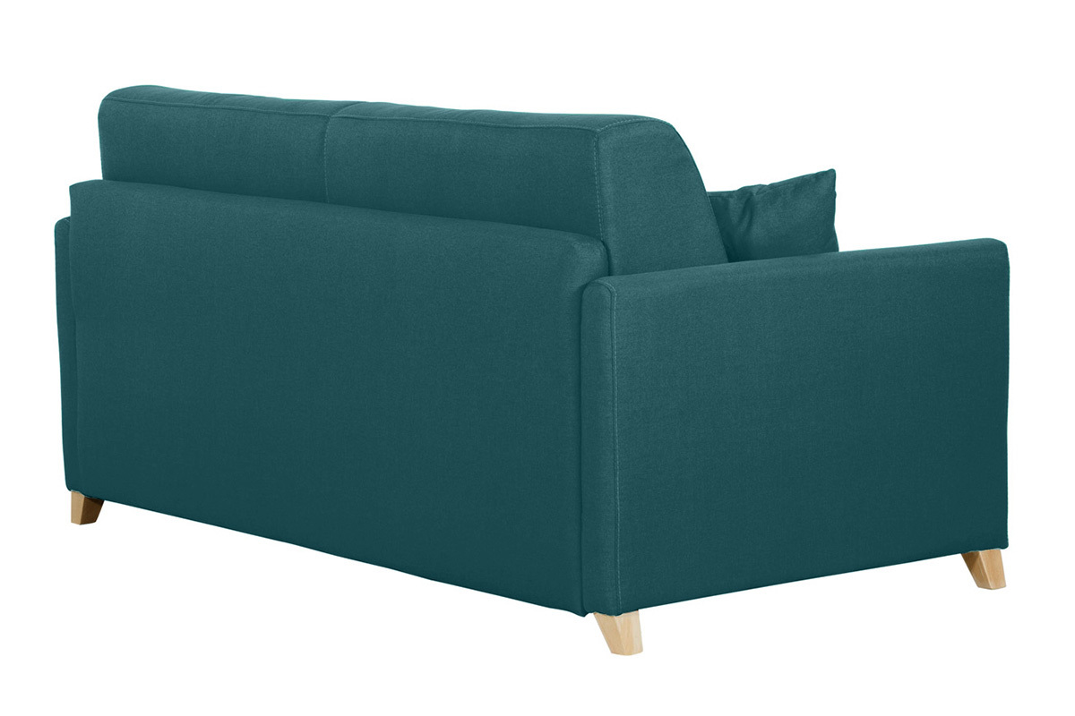 Sof cama 3 plazas nrdico azul petrleo y madera clara con colchn de 18 cm SKANDY