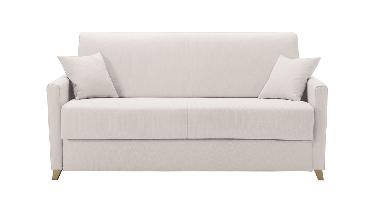 Sof cama 3 plazas nrdico beige y madera clara con colchn de 18 cm SKANDY