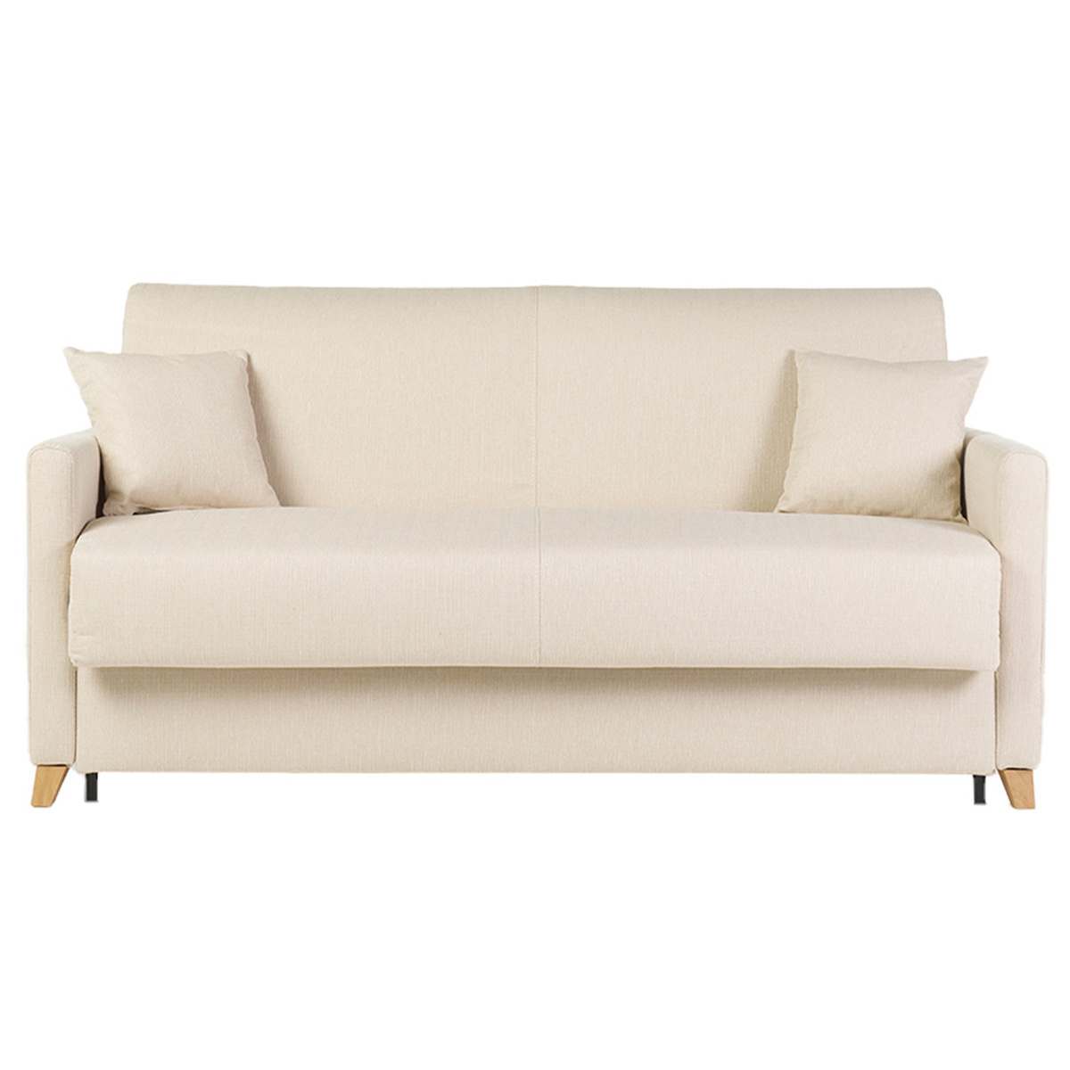 Sofá cama 3 plazas nórdico beige y madera clara con colchón de 18 cm SKANDY