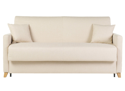 Sofá cama 3 plazas nórdico beige y madera clara con colchón de 18 cm SKANDY