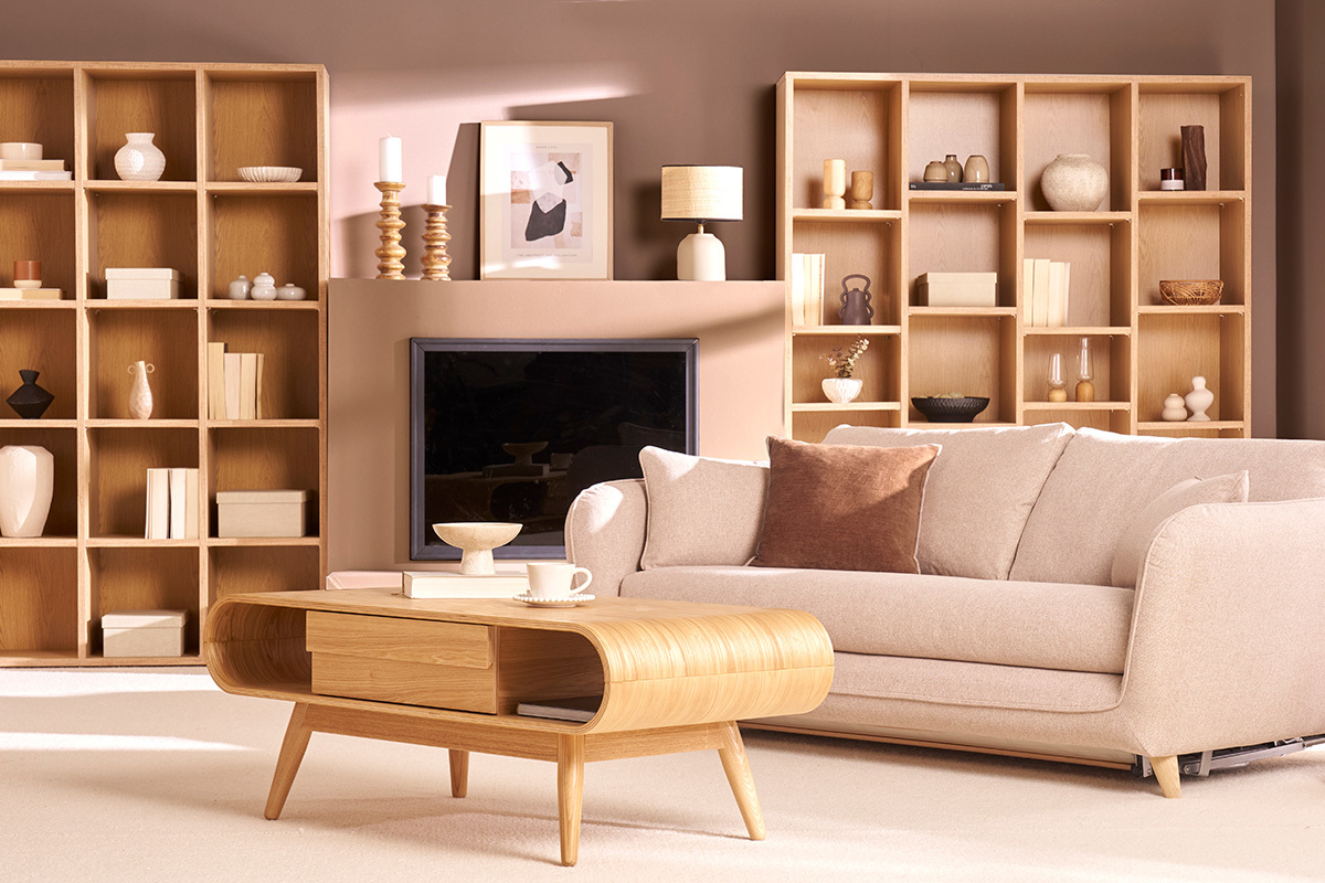 Sof cama 3plazas nrdico de tela beige natural con colchn de 10 cm CREEP