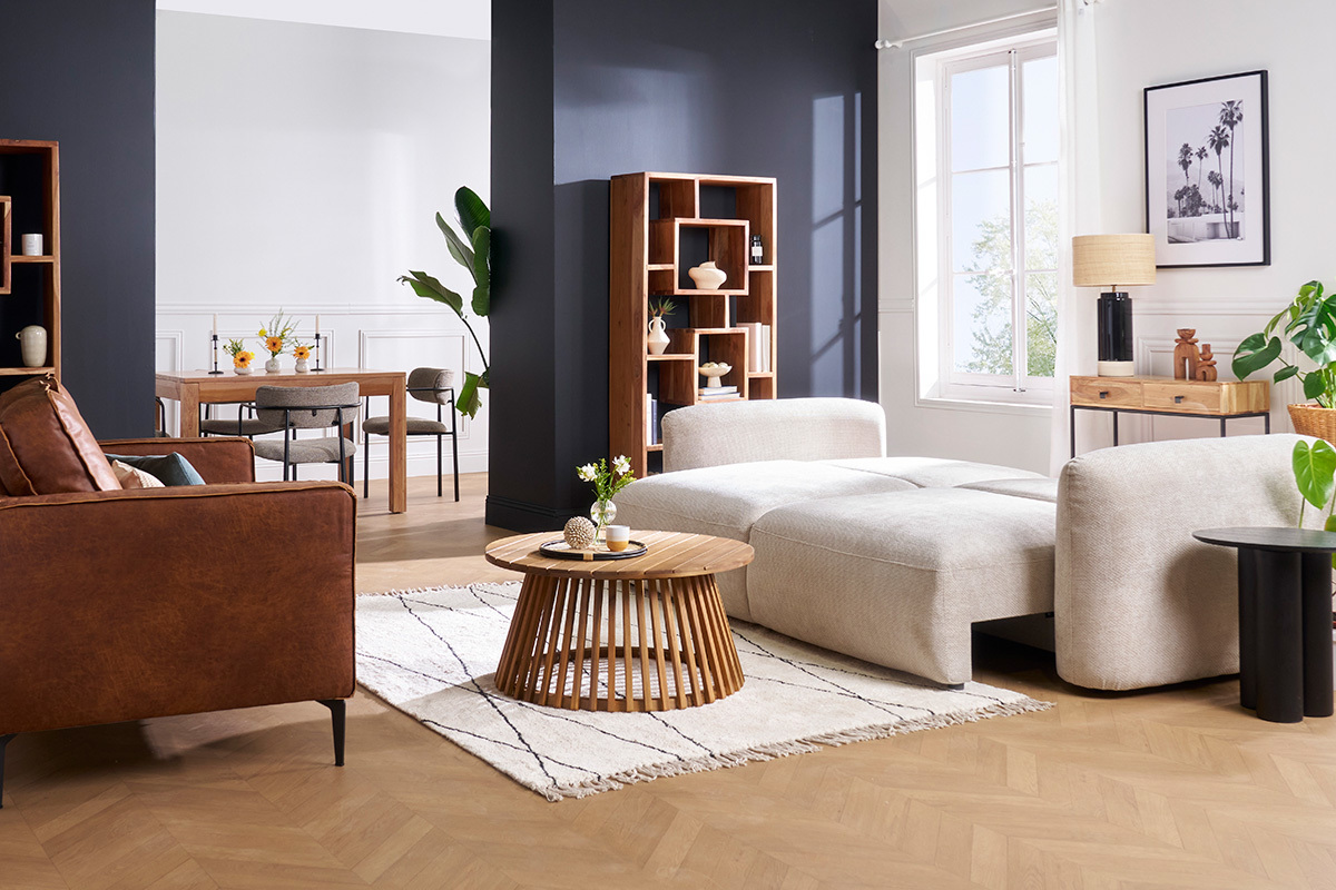 Sof cama 4 plazas con canap de terciopelo chenilla beige CRUSH