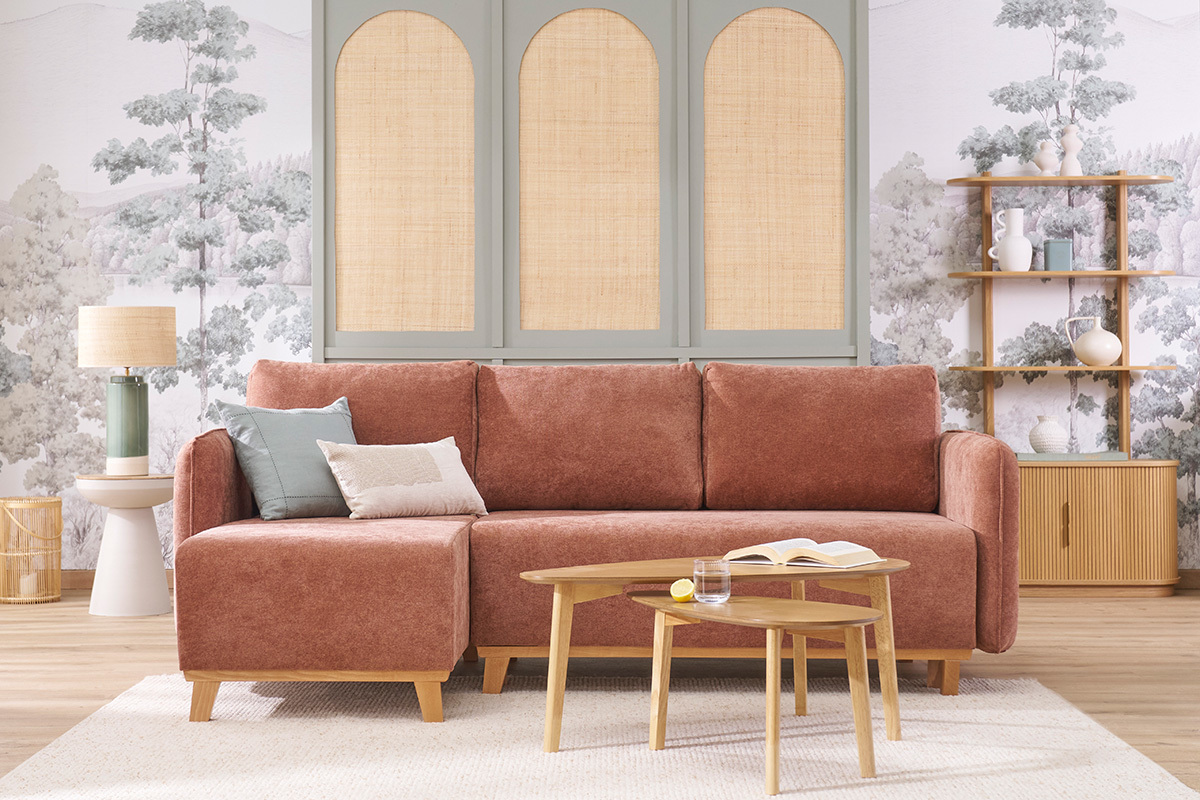 Sof cama chaise longue reversible 3-4 plazas de tejido efecto aterciopelado terracota y madera clara ROMANE