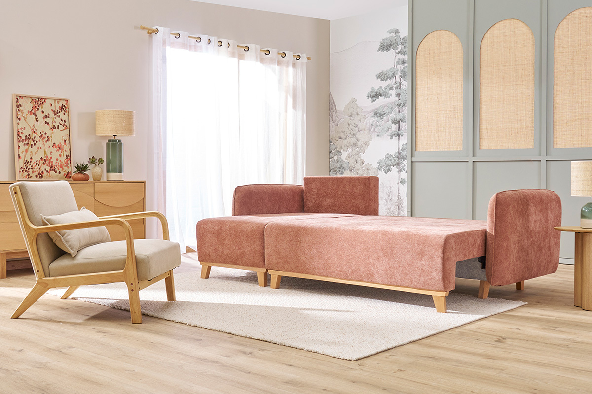 Sof cama chaise longue reversible 3-4 plazas de tejido efecto aterciopelado terracota y madera clara ROMANE