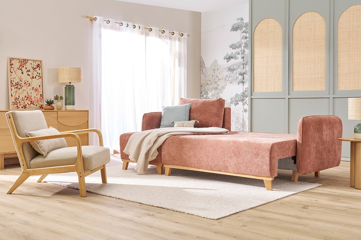 Sof cama chaise longue reversible 3-4 plazas de tejido efecto aterciopelado terracota y madera clara ROMANE