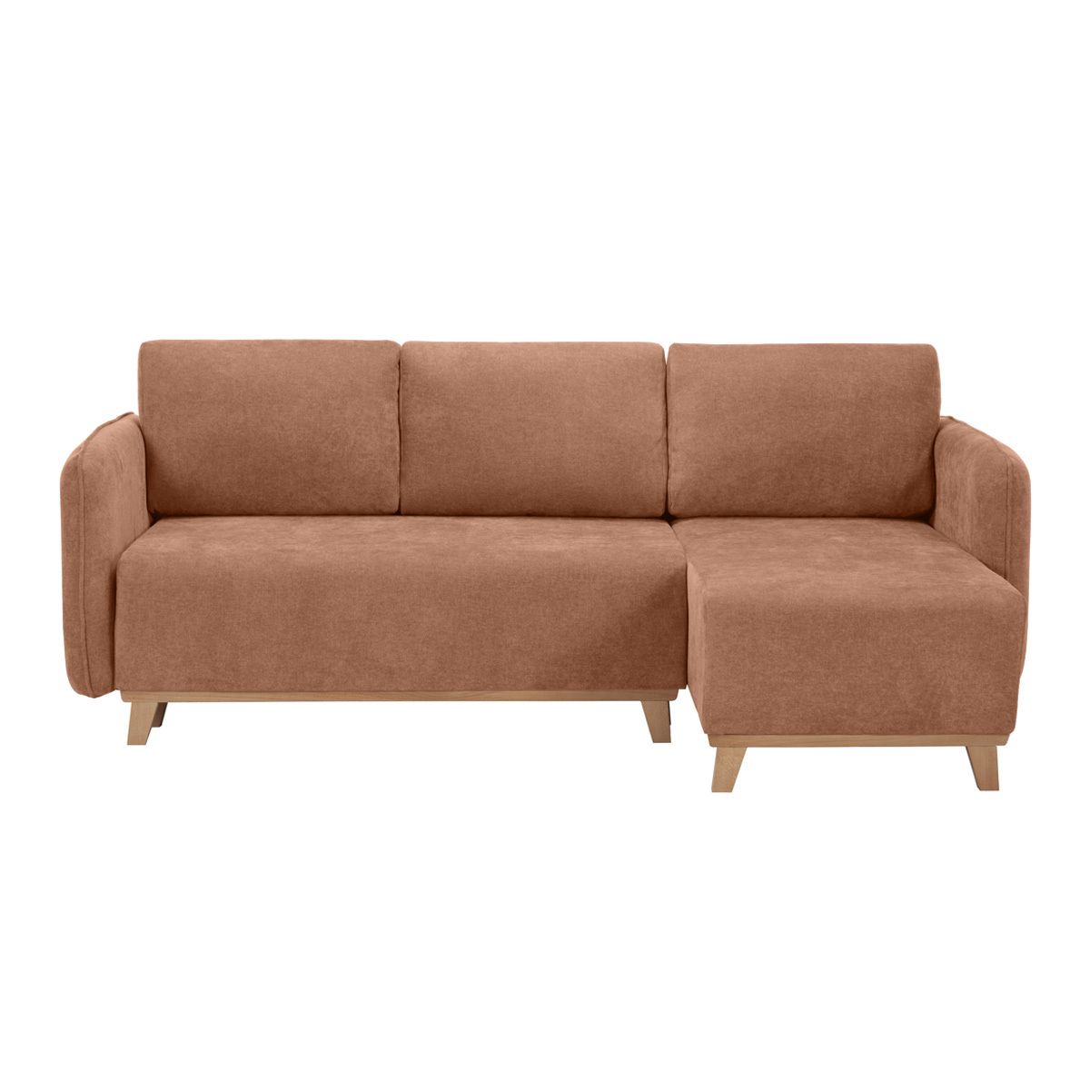 Sofá cama chaise longue reversible 3-4 plazas de tejido efecto aterciopelado terracota y madera clara ROMANE