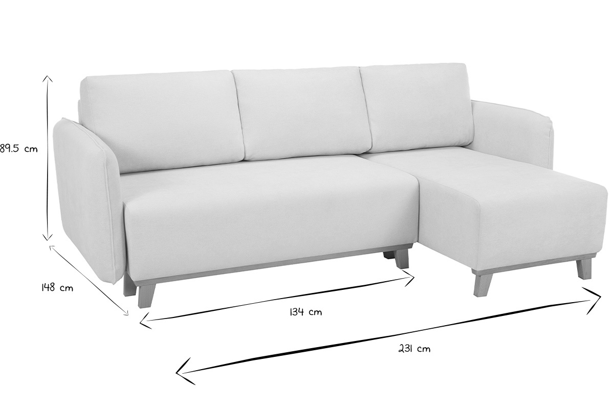 Sof cama chaise longue reversible 3-4 plazas de tejido efecto aterciopelado texturizado beige y madera clara ROMANE