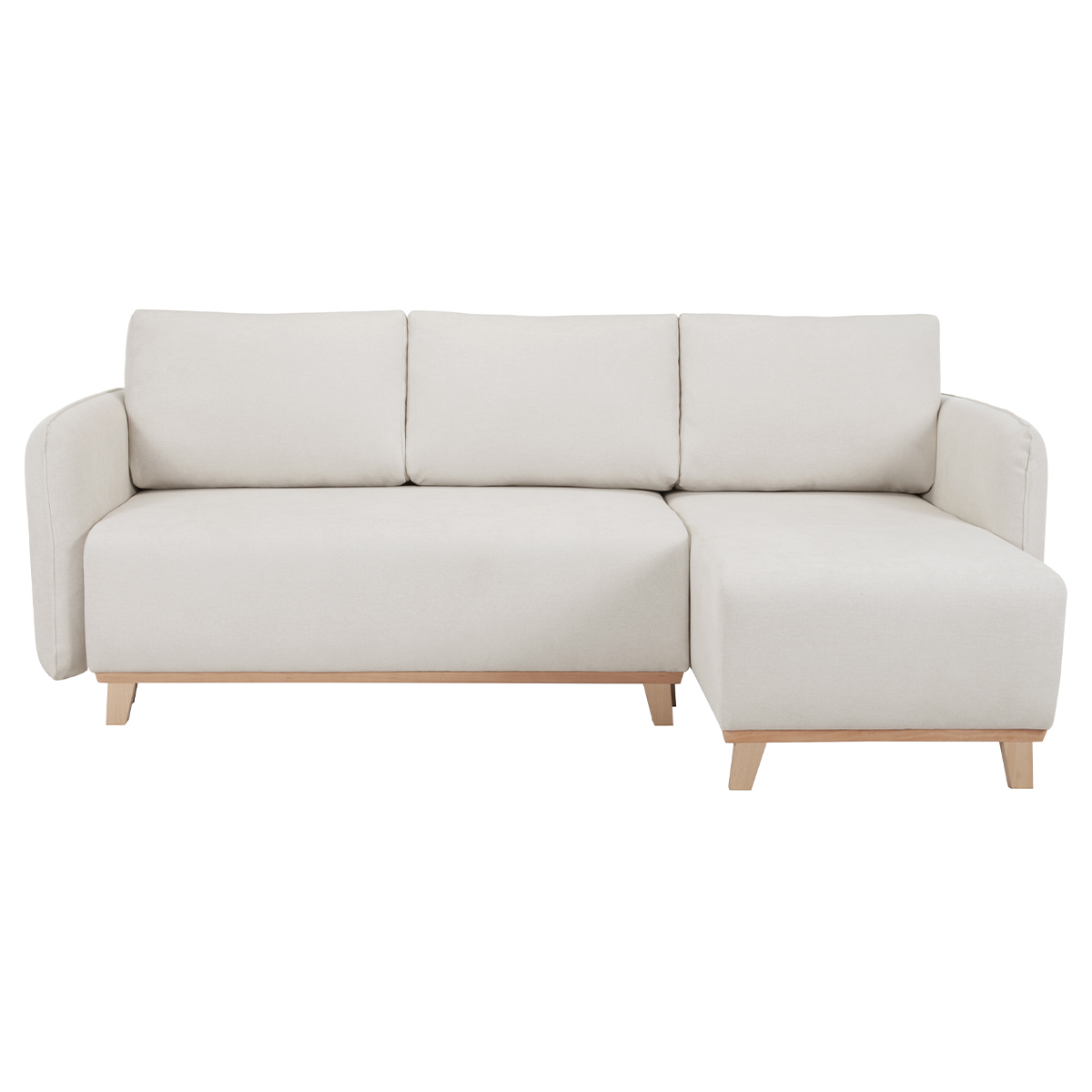 Sofá cama chaise longue reversible 3-4 plazas de tejido efecto aterciopelado texturizado beige y madera clara ROMANE