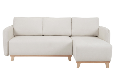 Sofá cama chaise longue reversible 3-4 plazas de tejido efecto aterciopelado texturizado beige y madera clara ROMANE