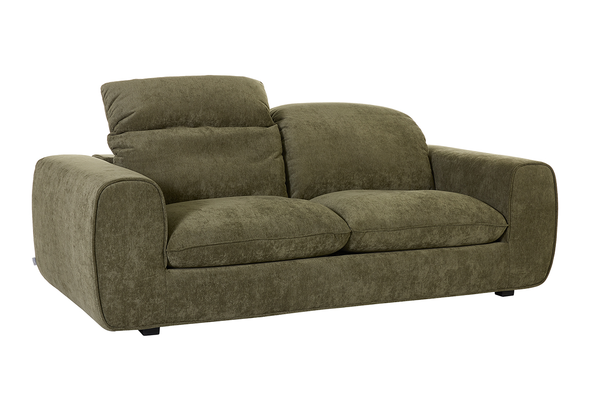 Sof� cama verde caqui con reposacabezas ajustables, vista en 3/4.