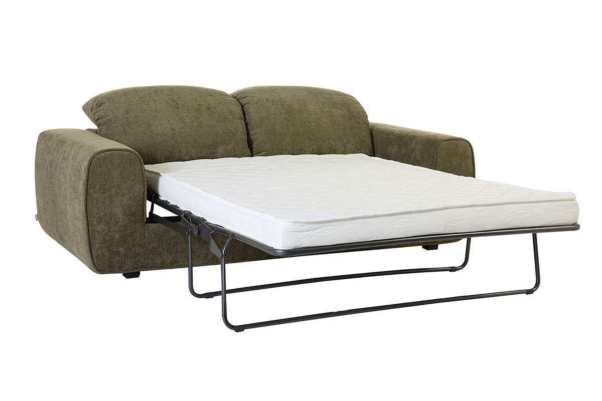 Sof� cama verde caqui NOAM desplegado para cama, vista en tres cuartos.