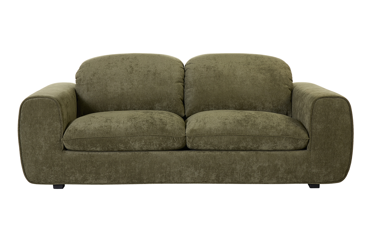 Sof� cama verde caqui de 3 plazas en tela tipo terciopelo, vista frontal.