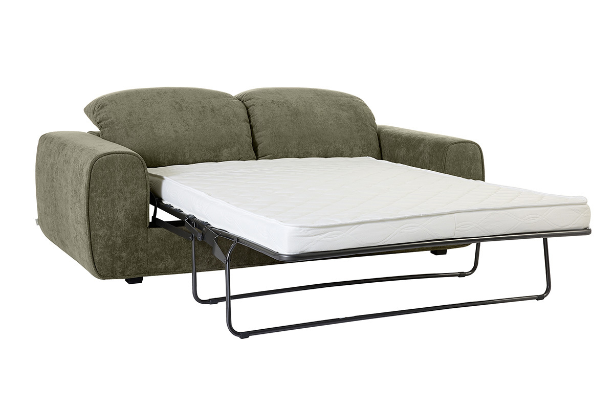 Sof� cama con cabeceros ajustables 3 plazas en tejido efecto terciopelo texturizado verde caqui NOAM