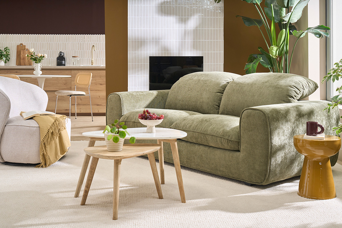 Sof� cama con cabeceros ajustables 3 plazas en tejido efecto terciopelo texturizado verde caqui NOAM