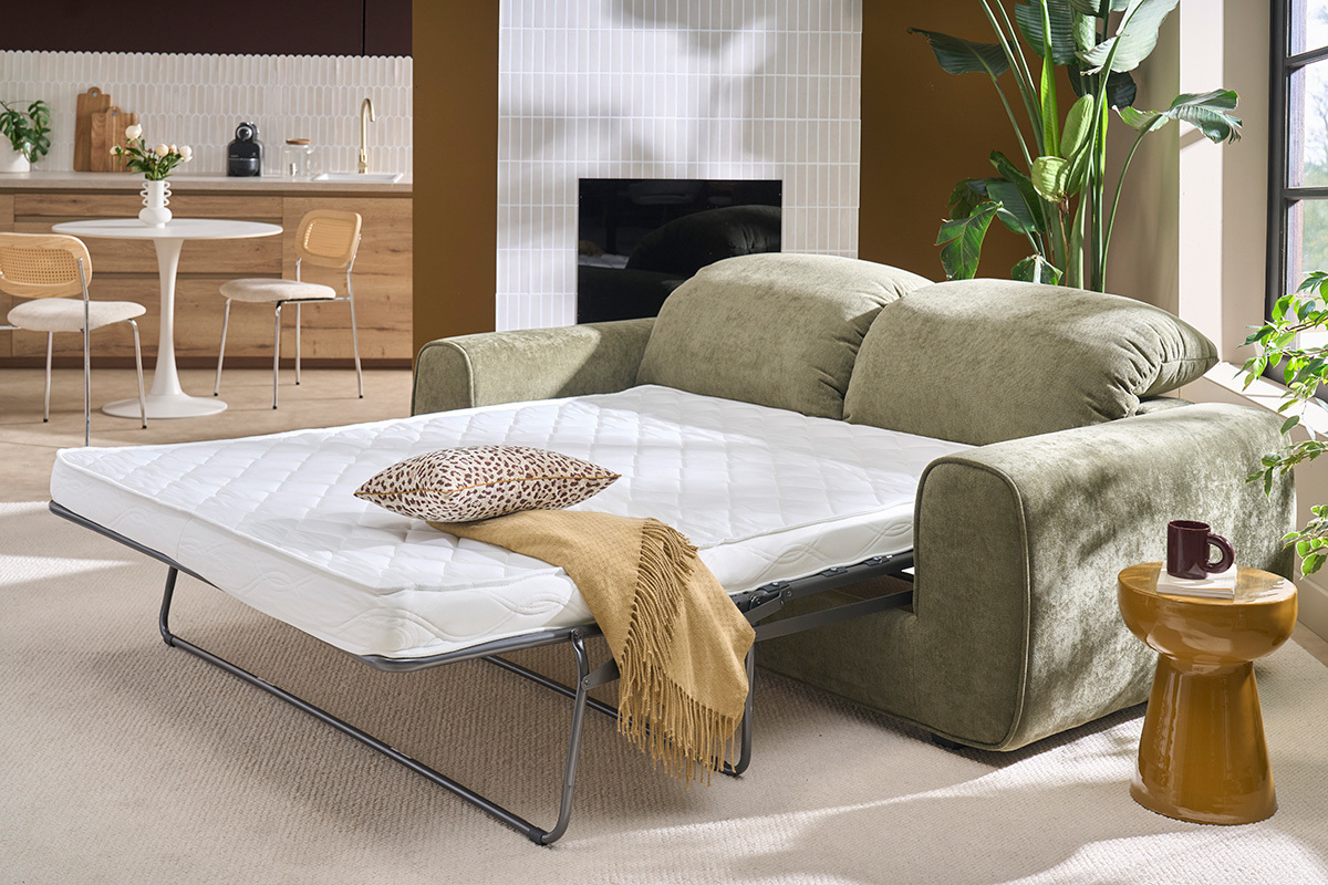 Sof� cama con cabeceros ajustables 3 plazas en tejido efecto terciopelo texturizado verde caqui NOAM