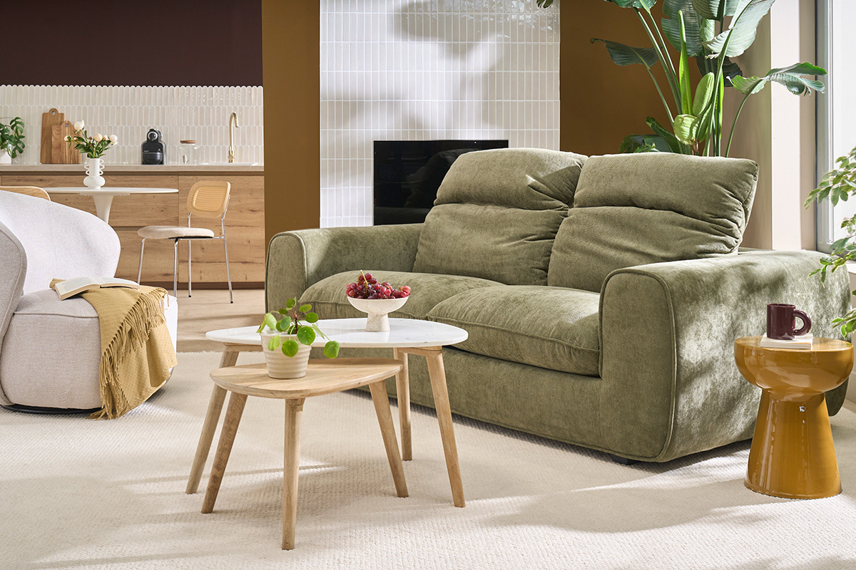 Sof� cama con cabeceros ajustables 3 plazas en tejido efecto terciopelo texturizado verde caqui NOAM
