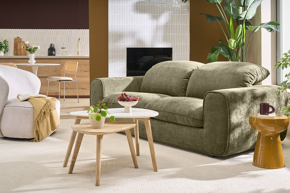 Sof� cama con cabeceros ajustables 3 plazas en tejido efecto terciopelo texturizado verde caqui NOAM
