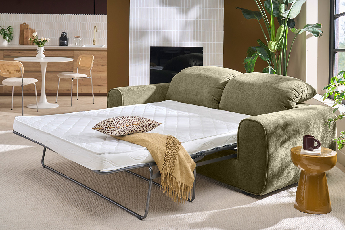 Sof� cama con cabeceros ajustables 3 plazas en tejido efecto terciopelo texturizado verde caqui NOAM