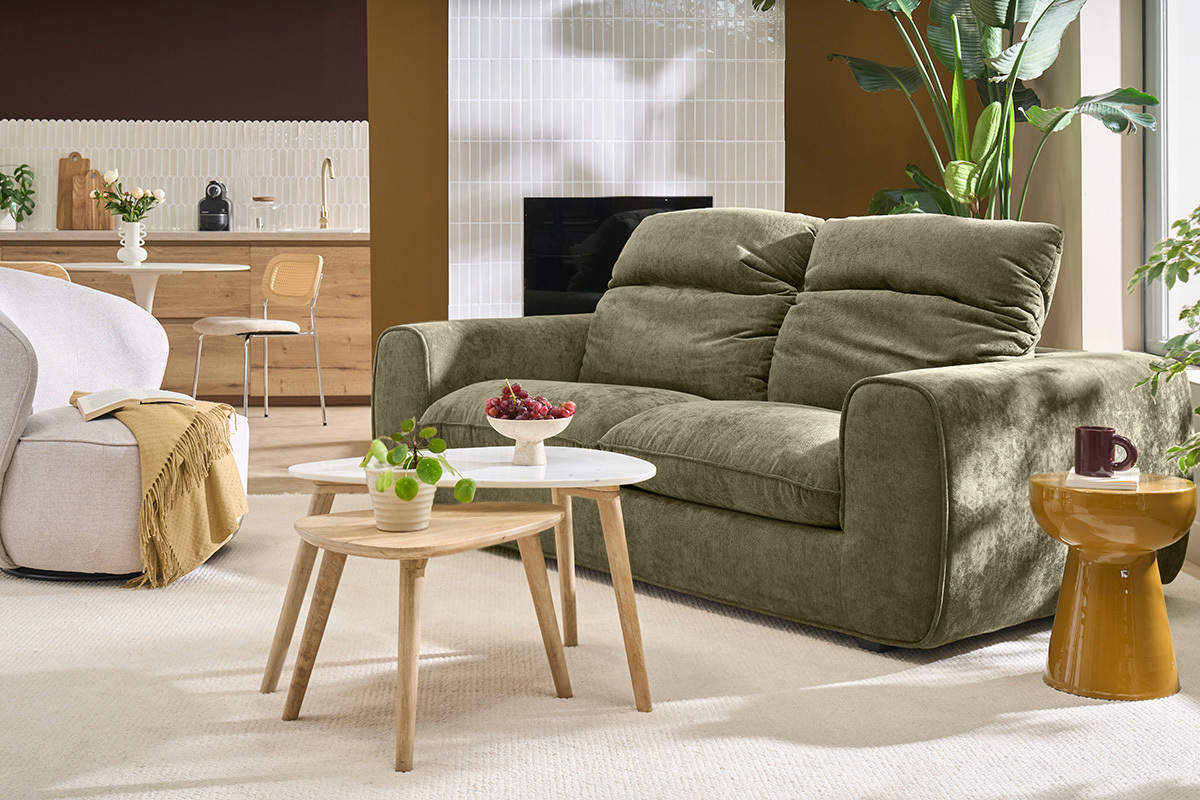 Sof� cama con cabeceros ajustables 3 plazas en tejido efecto terciopelo texturizado verde caqui NOAM