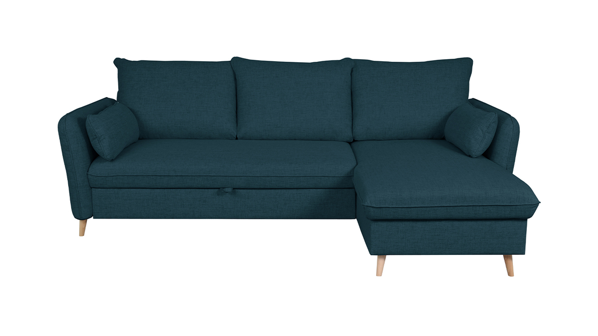 Sof cama con chaise longue 3-4 plazas con canap de tela azul marino y madera clara DRISS