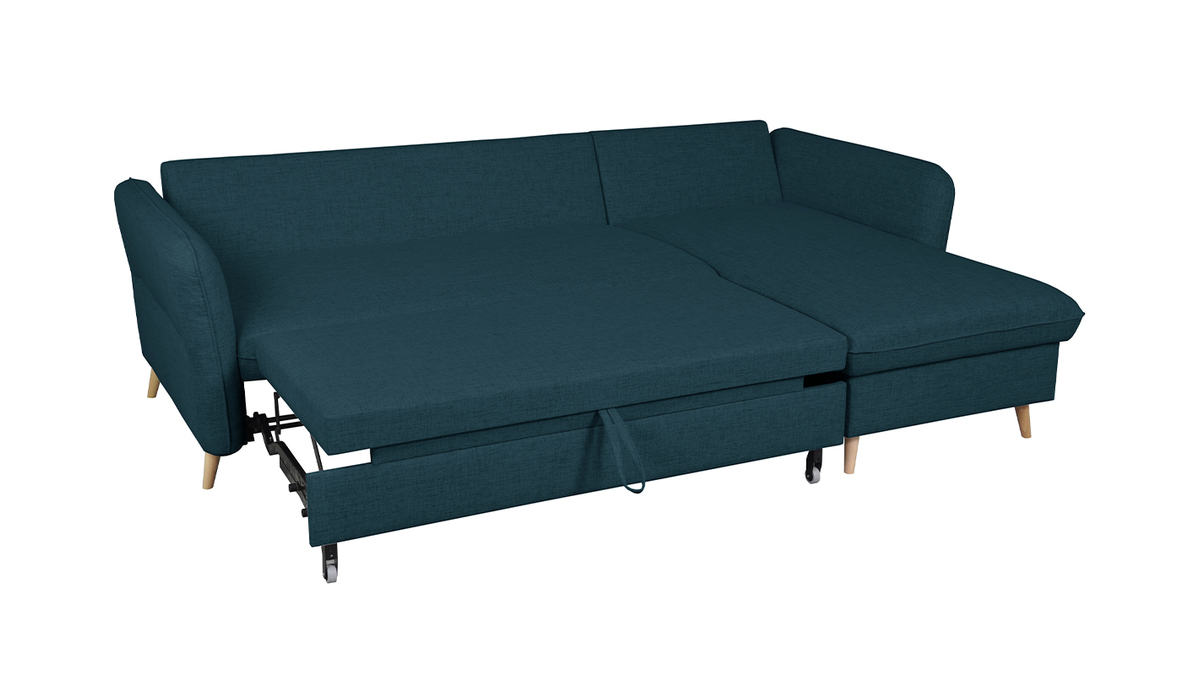Sof cama con chaise longue 3-4 plazas con canap de tela azul marino y madera clara DRISS