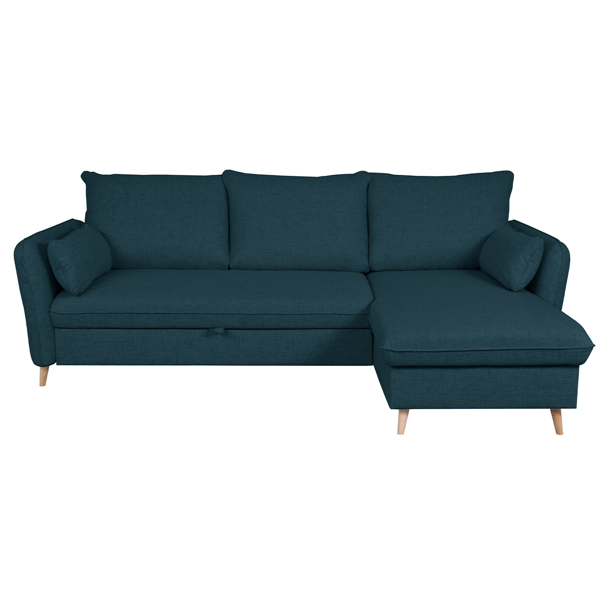 Sofá cama con chaise longue 3-4 plazas con canapé de tela azul marino y madera clara DRISS