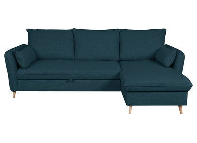 Sofá cama con chaise longue 3-4 plazas con canapé de tela azul marino y madera clara DRISS