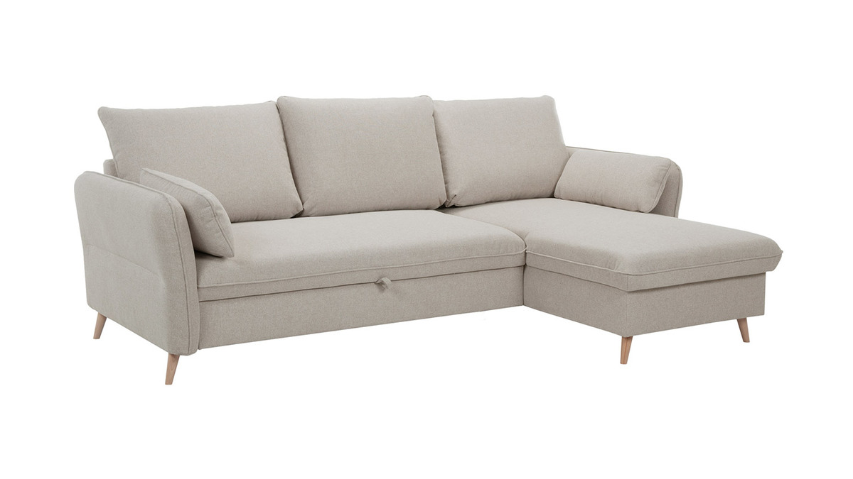 Sof cama con chaise longue 3-4 plazas con canap de tela beige y madera clara DRISS