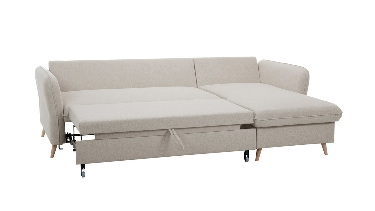 Sof cama con chaise longue 3-4 plazas con canap de tela beige y madera clara DRISS