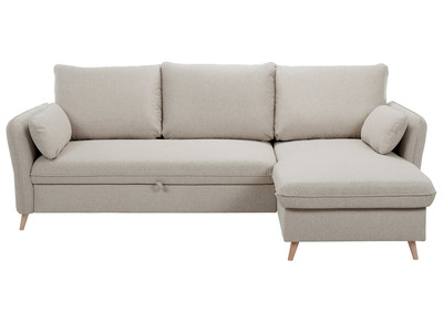 Sofá cama con chaise longue 3-4 plazas con canapé de tela beige y madera clara DRISS