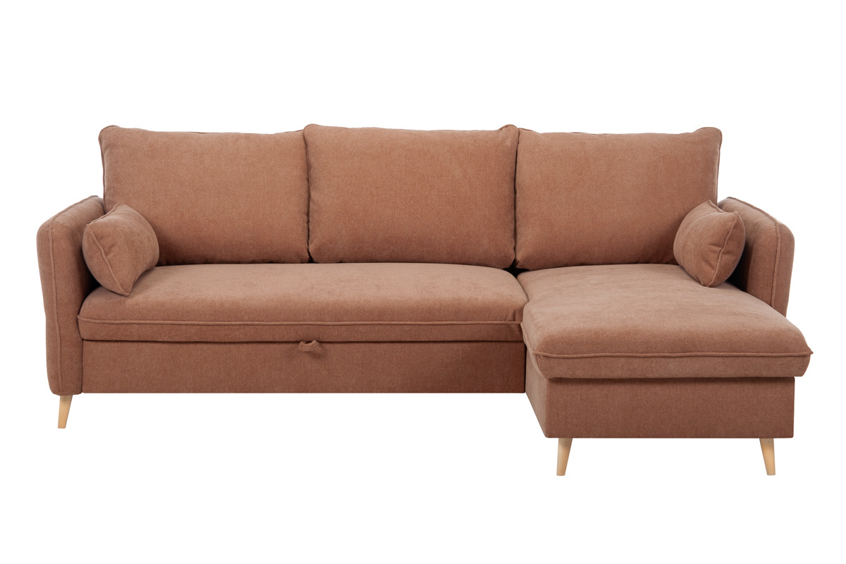 Sof cama con chaise longue 3-4 plazas con canap de tela color terracota y madera clara DRISS