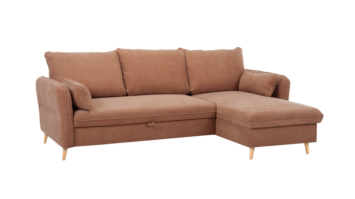 Sof cama con chaise longue 3-4 plazas con canap de tela color terracota y madera clara DRISS