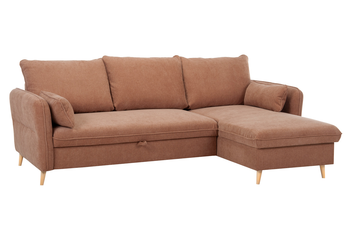Sof cama con chaise longue 3-4 plazas con canap de tela color terracota y madera clara DRISS