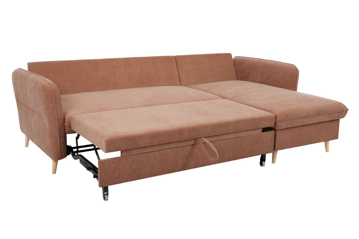 Sof cama con chaise longue 3-4 plazas con canap de tela color terracota y madera clara DRISS