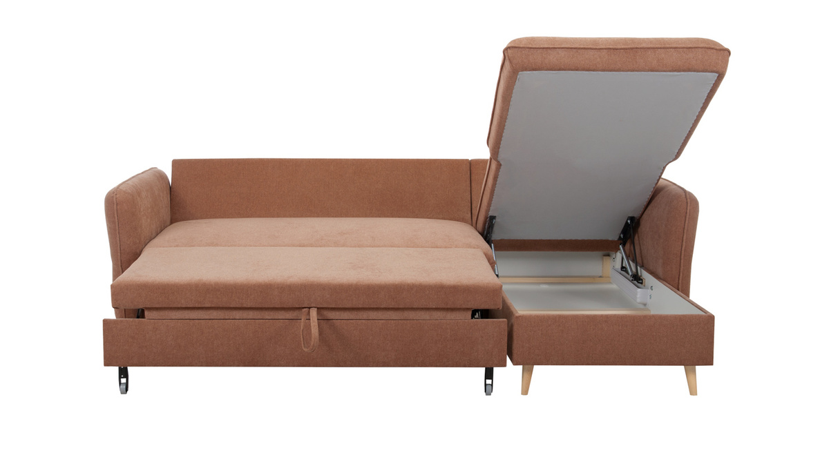 Sof cama con chaise longue 3-4 plazas con canap de tela color terracota y madera clara DRISS