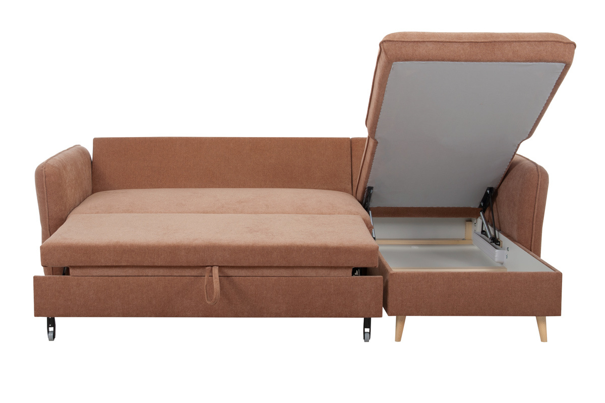 Sof cama con chaise longue 3-4 plazas con canap de tela color terracota y madera clara DRISS