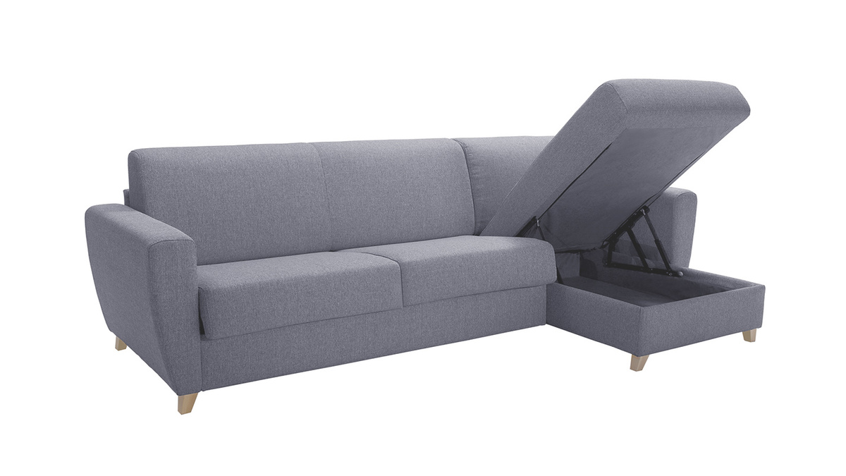 Sof cama con chaise longue reversible con canap 4 plazas de tela gris y madera clara GRAHAM