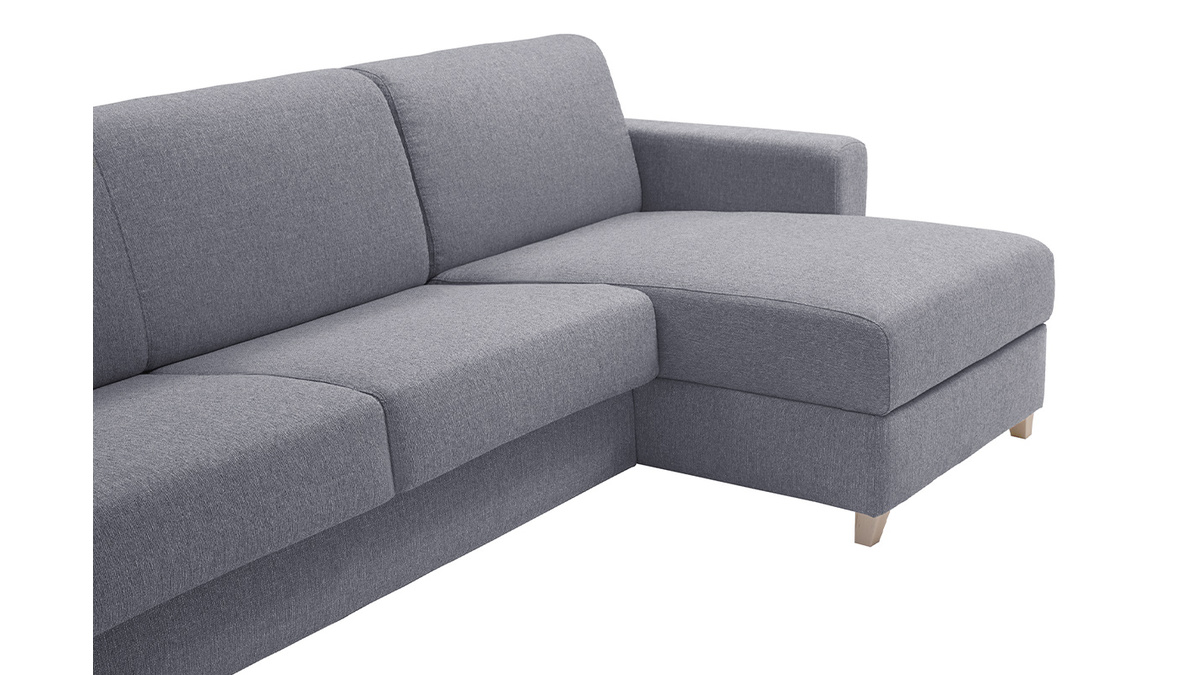 Sof cama con chaise longue reversible con canap 4 plazas de tela gris y madera clara GRAHAM