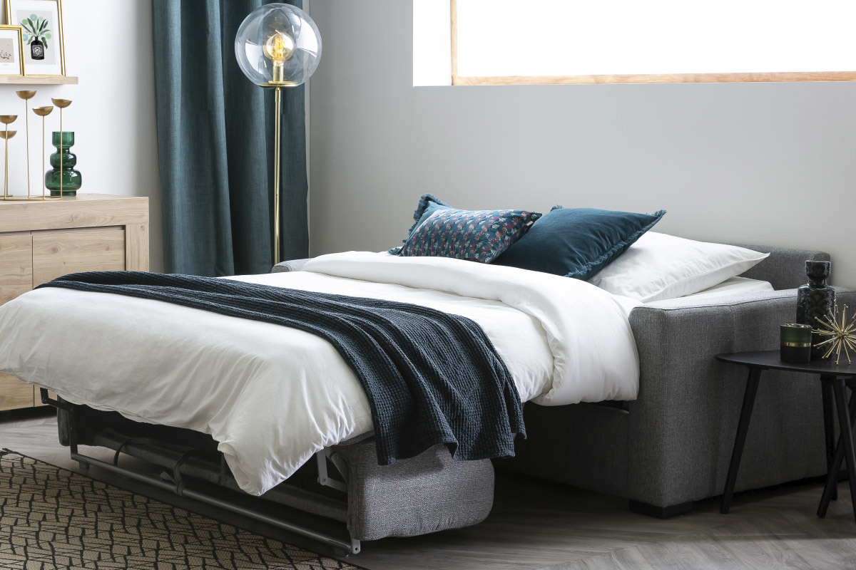 Sof cama con colchn 12cm tejido azul petrleo DOME