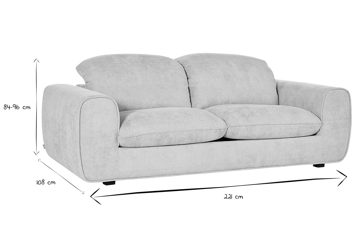 Sof� cama beige, dimensiones L221 x P108 x H84-96 cm, en blanco y negro, vista frontal.