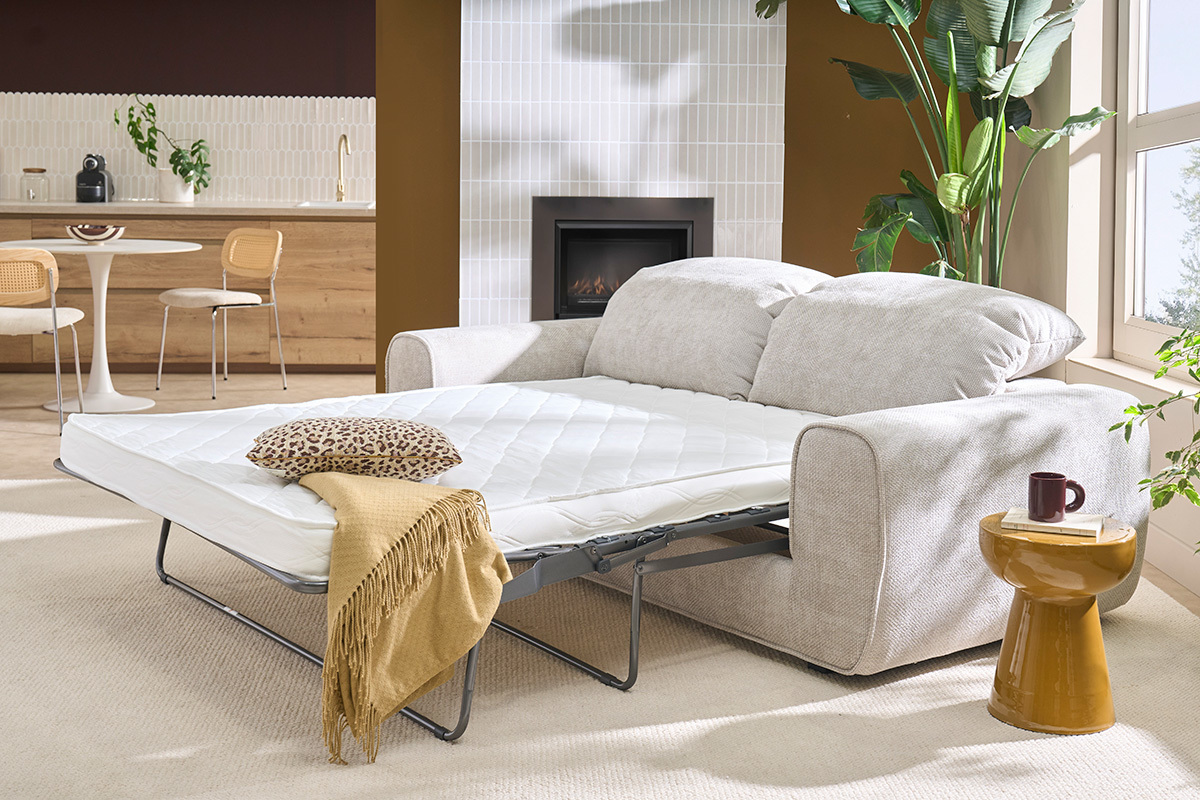 Sof� cama con reposacabezas ajustables 3 plazas de tela terciopelo chenilla beige NOAM
