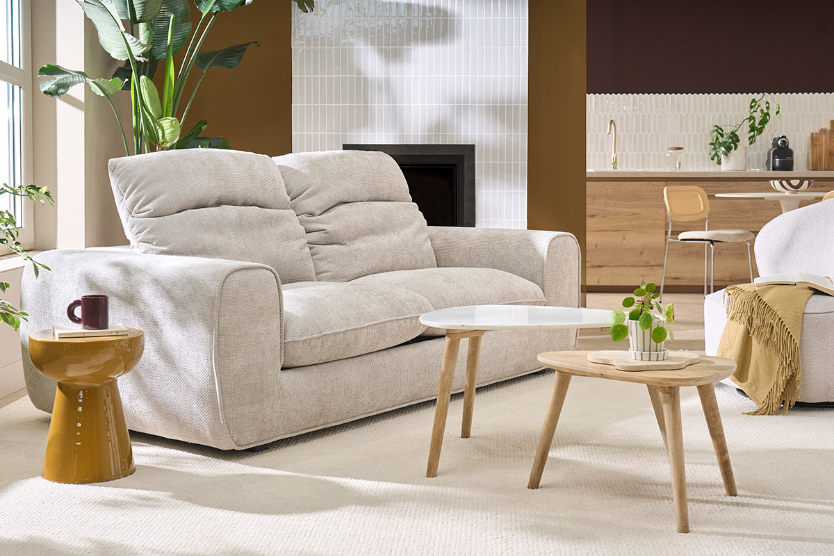 Sof� cama con reposacabezas ajustables 3 plazas de tela terciopelo chenilla beige NOAM