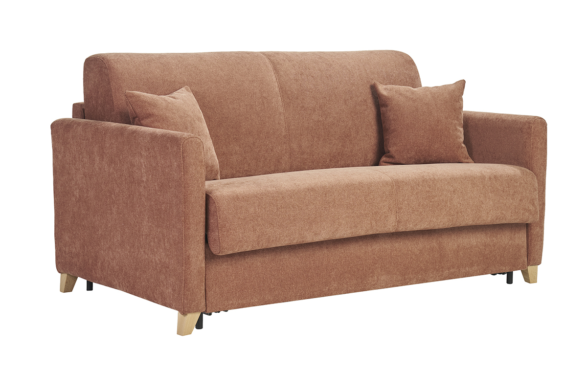 Sof convertible en tela efecto terciopelo tierra quemada, vista de 3/4.