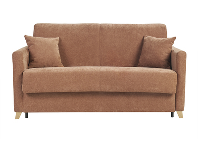 Sofá cama convertible 2-3 plazas en tela efecto terciopelo tierra quemada y madera clara con colchón de 13 cm SKANDY