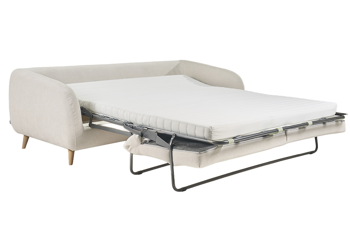 Sof� cama beige de tela efecto terciopelo, vista 3/4 con colch�n desplegado.