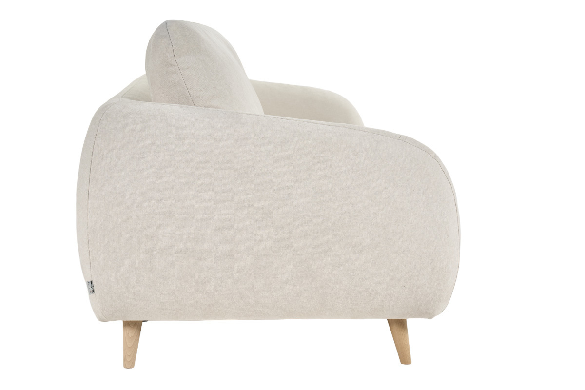 Sof� beige convertible vista de lado, efecto terciopelo, patas de madera.