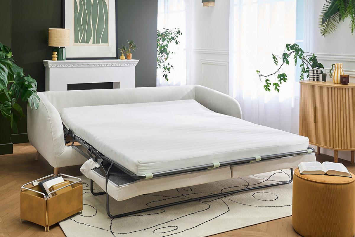 Sof� cama convertible 3-4 plazas en tejido efecto terciopelo beige con colch�n de 10 cm LEANDRE